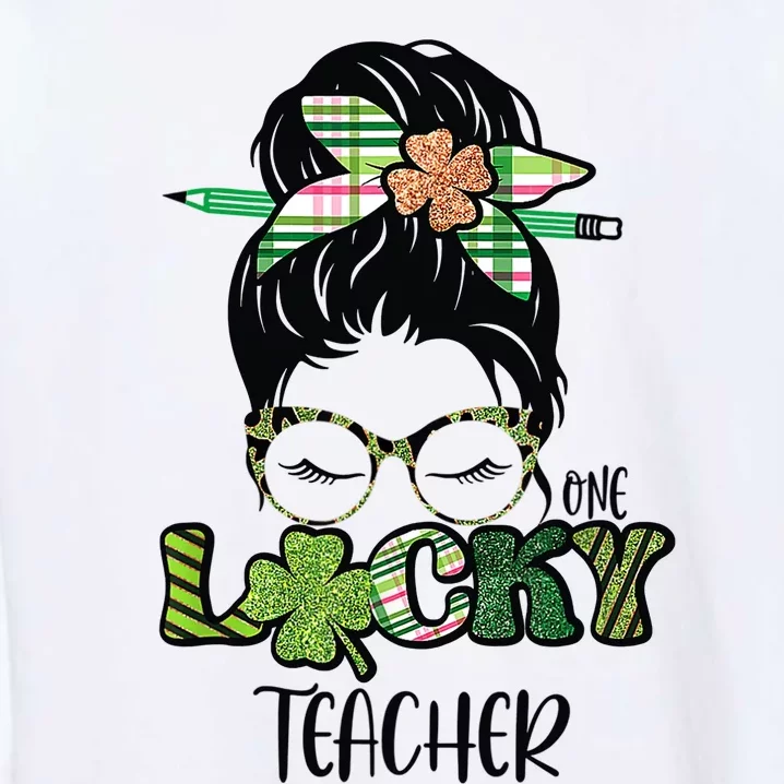 St Patrick's Day Leopard Lucky Teacher Messy Bun Shamrock Garment-Dyed Sweatshirt