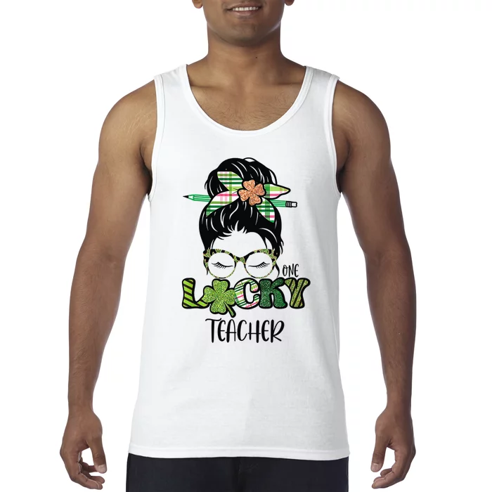 St Patrick's Day Leopard Lucky Teacher Messy Bun Shamrock Tank Top