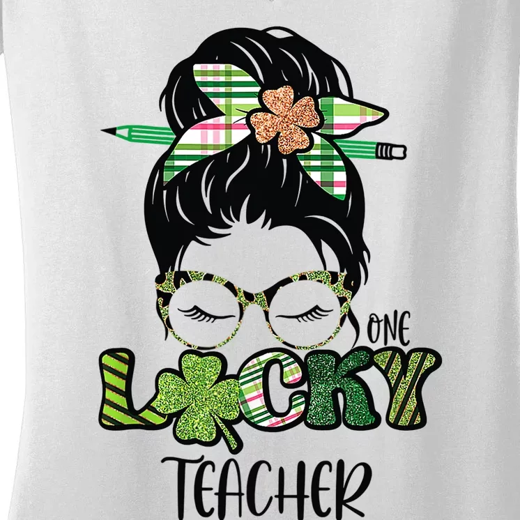 St Patrick's Day Leopard Lucky Teacher Messy Bun Shamrock Women's V-Neck T-Shirt