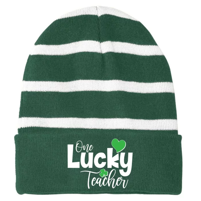 St Patricks Day One Lucky Teacher Striped Beanie with Solid Band