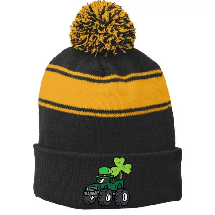 St Patrick Day Monster Truck Saint Pattys Irish Boy Stripe Pom Pom Beanie