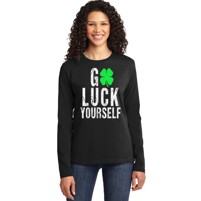 Saint Patrick's Day Good Luck Yourself Green Clover Ladies Long Sleeve Shirt