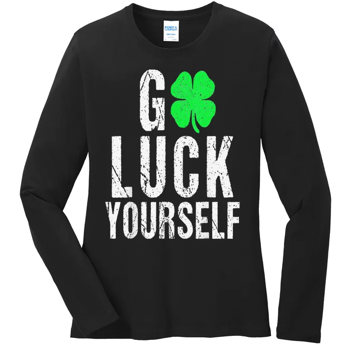 Saint Patrick's Day Good Luck Yourself Green Clover Ladies Long Sleeve Shirt