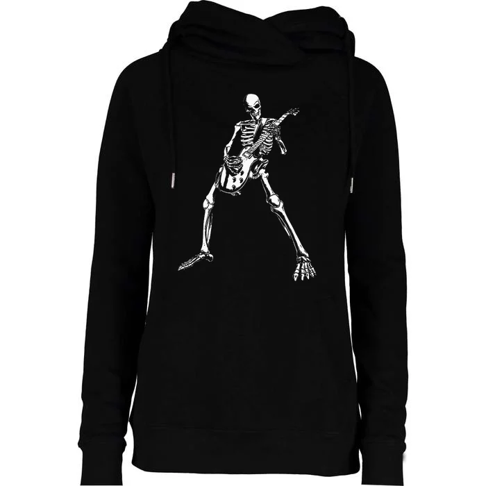 Skeleton Playing Electric Guitar Solo Halloween Rock Music Womens Funnel Neck Pullover Hood