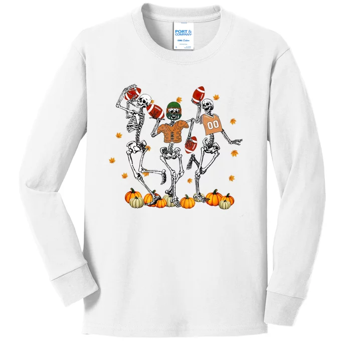 Skeleton Playing Football Halloween Spooky Season Kids Long Sleeve Shirt