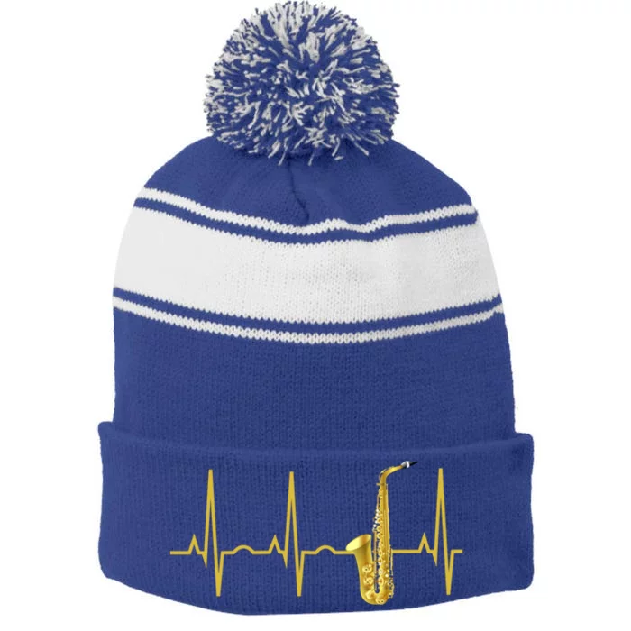 Saxophone Player Funny Gift Sax Heartbeat Hooded Cute Gift Gift Stripe Pom Pom Beanie