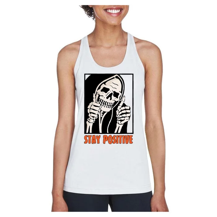 Stay Positive Funny Skeleton Thumbs Up Spooky Halloween Women's Racerback Tank