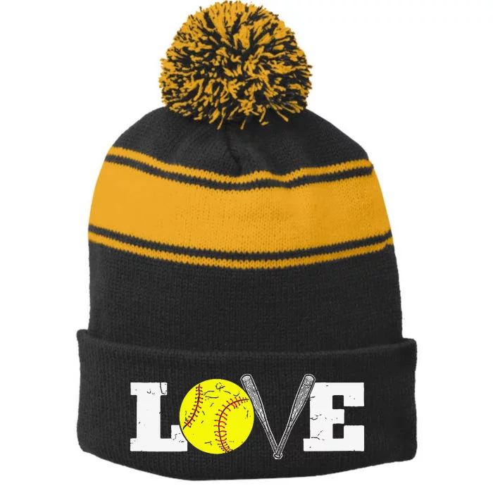 Softball Player Funny  Softball Love Stripe Pom Pom Beanie