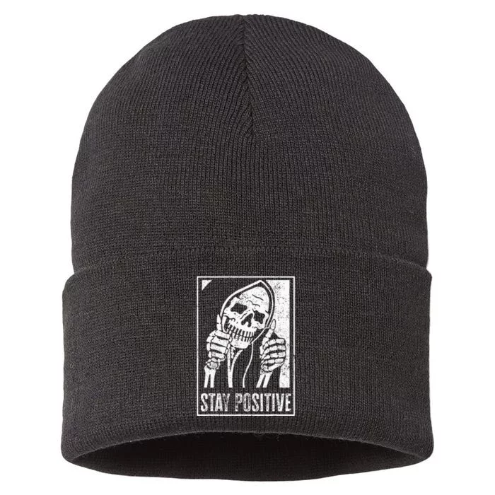 Stay Positive Funny Skeleton Be Positive Skull Halloween Sustainable Knit Beanie