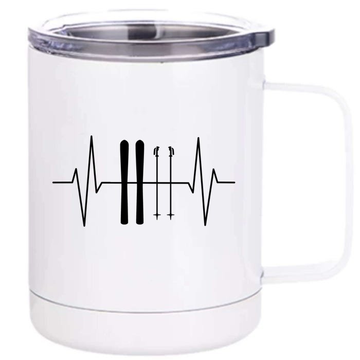 Ski Poles For Skiing Heartbeat Skier Skiing Funny Gift Front & Back 12oz Stainless Steel Tumbler Cup