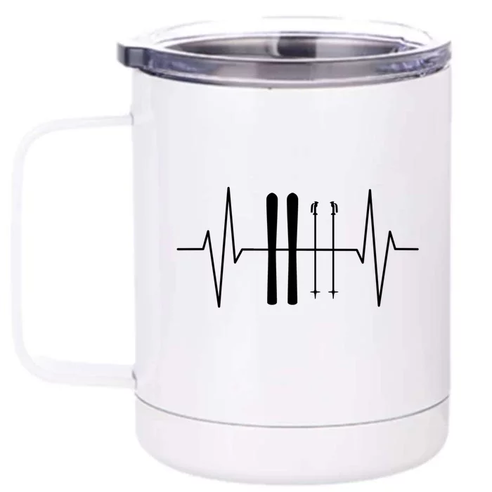 Ski Poles For Skiing Heartbeat Skier Skiing Funny Gift Front & Back 12oz Stainless Steel Tumbler Cup