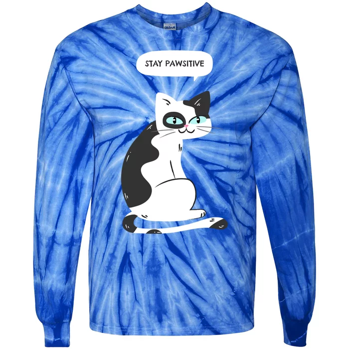 Stay Pawsitive Funny Cat Meme Graphic Design Great Gift Tie-Dye Long Sleeve Shirt