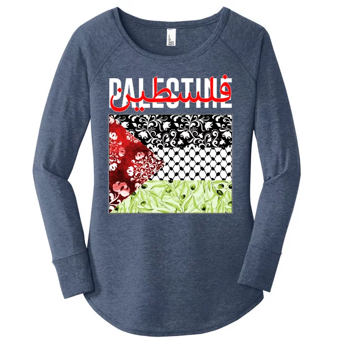 Support Palestine Flag Traditional Keffiyeh Floral Patterns Women's Perfect Tri Tunic Long Sleeve Shirt