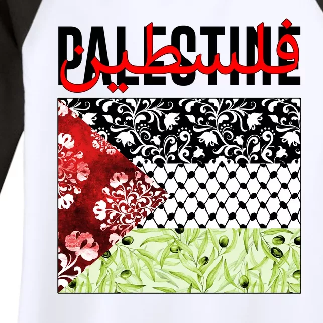 Support Palestine Flag Traditional Keffiyeh Floral Patterns Women's Tri-Blend 3/4-Sleeve Raglan Shirt