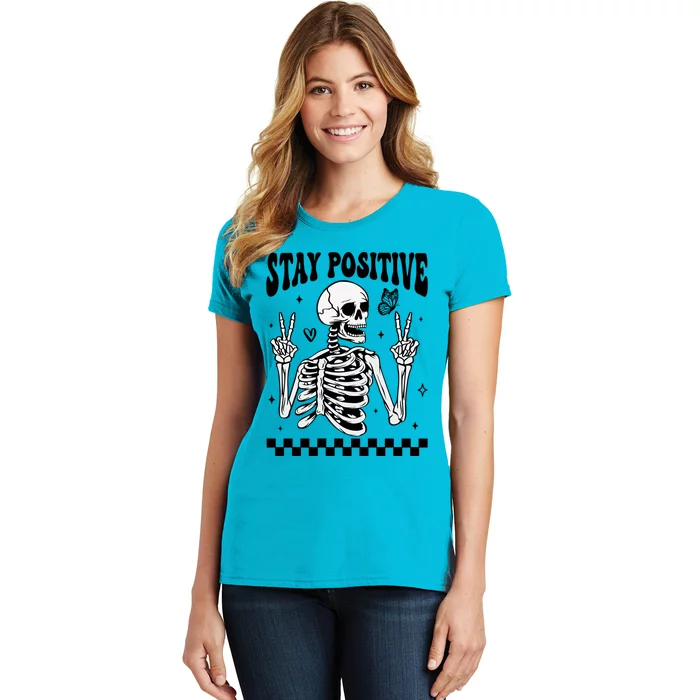 Stay Positive Funny Halloween Skeleton Peace Spooky Season Funny Gift Women's T-Shirt