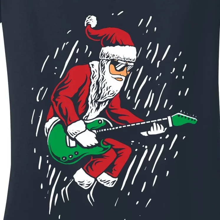 Santa Playing Guitar Christmas Pajama Musician Guitarist Women's V-Neck T-Shirt