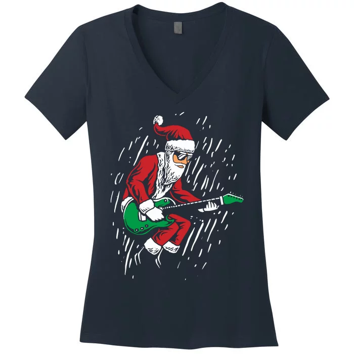 Santa Playing Guitar Christmas Pajama Musician Guitarist Women's V-Neck T-Shirt