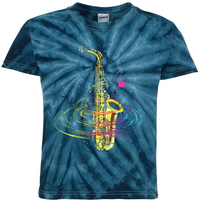 Sax Player Gift Idea Saxophonist Music Notes Saxophone Kids Tie-Dye T-Shirt