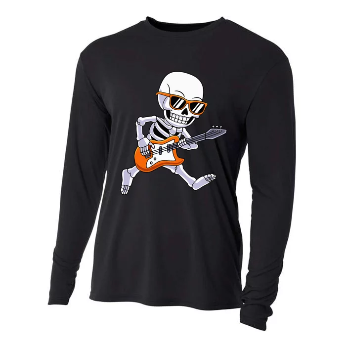 Skeleton Playing Guitar Rock Roll Kids Halloween Cooling Performance Long Sleeve Crew