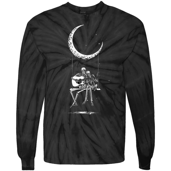 Skeleton Playing Guitar Band S Rock And Roll Moon Tie-Dye Long Sleeve Shirt