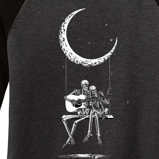 Skeleton Playing Guitar Band S Rock And Roll Moon Women's Tri-Blend 3/4-Sleeve Raglan Shirt