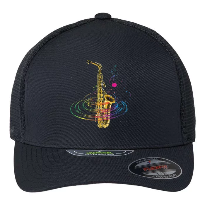 Sax Player Gift Idea Saxophonist Music Notes Saxophone Flexfit Unipanel Trucker Cap