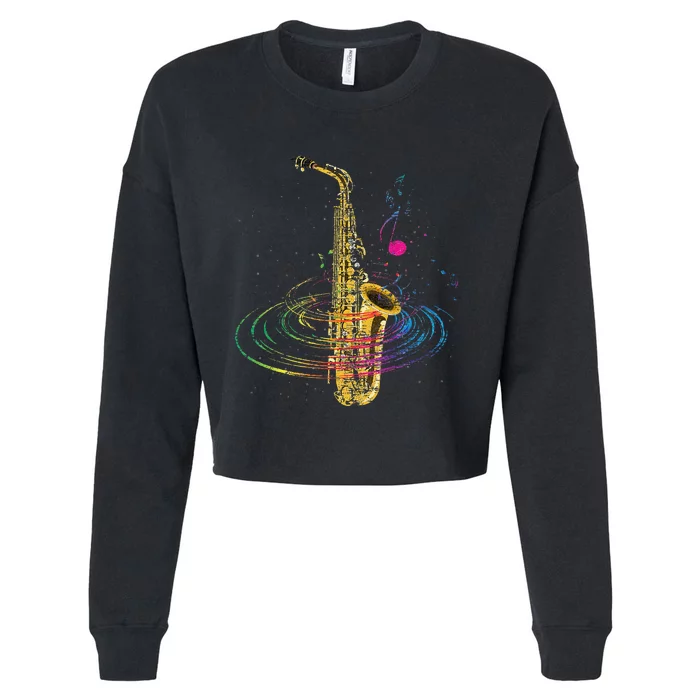 Sax Player Gift Idea Saxophonist Music Notes Saxophone Cropped Pullover Crew