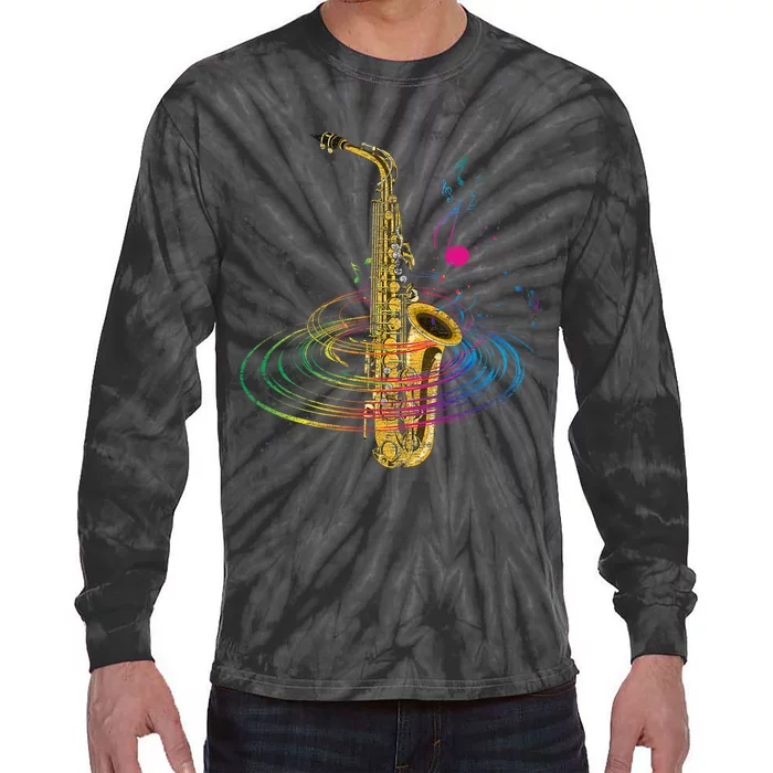 Sax Player Gift Idea Saxophonist Music Notes Saxophone Tie-Dye Long Sleeve Shirt