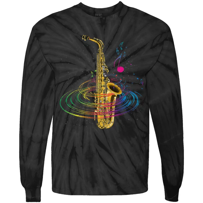 Sax Player Gift Idea Saxophonist Music Notes Saxophone Tie-Dye Long Sleeve Shirt