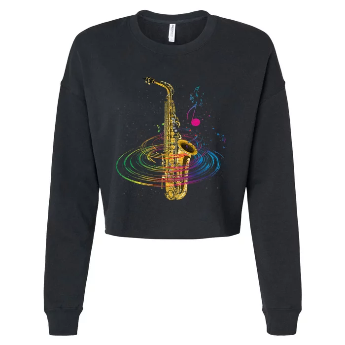 Sax Player Gift Idea Saxophonist Music Notes Saxophone Cropped Pullover Crew