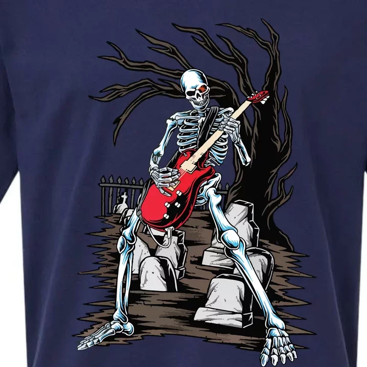 Skeleton Playing Guitar Electric Acoustic Halloween Costume Sueded Cloud Jersey T-Shirt