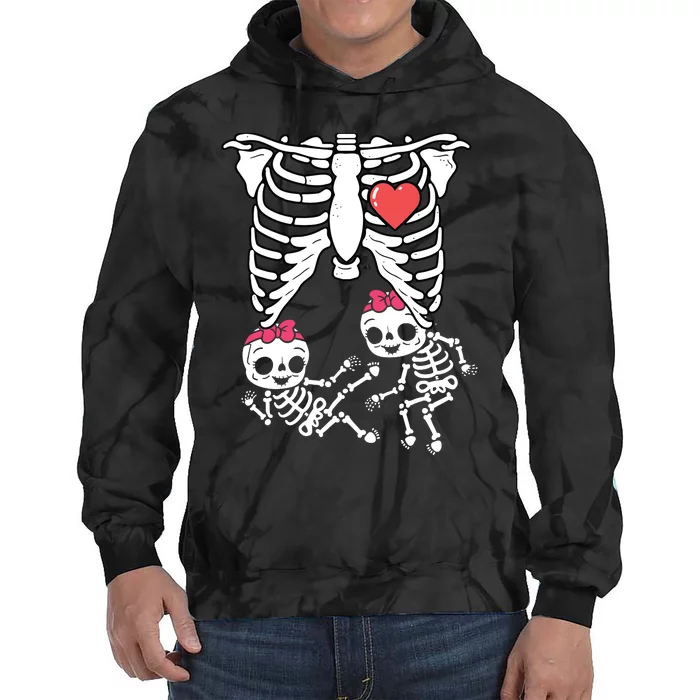 Skeleton Pregnancy Girl Twins XRay Pregnant Halloween Tie Dye Hoodie