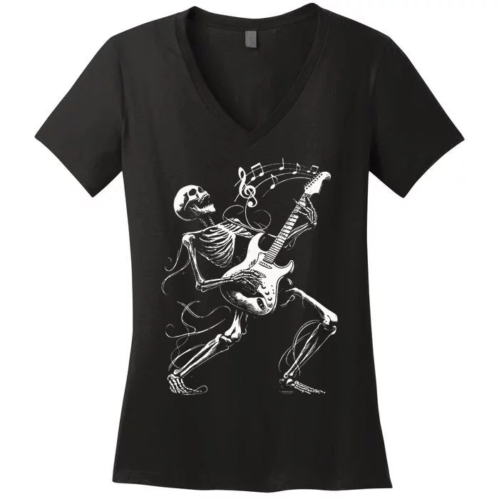 Skeleton Playing Guitar Music Gifts Rock Band Women's V-Neck T-Shirt