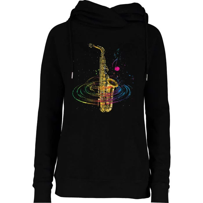 Sax Player Gift Idea Saxophonist Music Notes Saxophone Womens Funnel Neck Pullover Hood