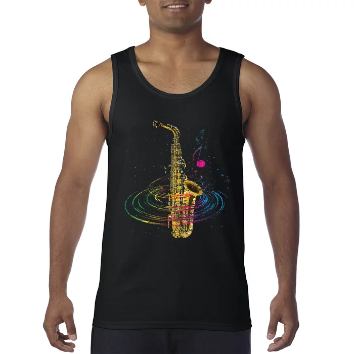 Sax Player Gift Idea Saxophonist Music Notes Saxophone Tank Top