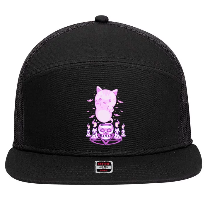 Spooky Pastel Ghost Cat Halloween Aesthetic 7 Panel Mesh Trucker Snapback Hat