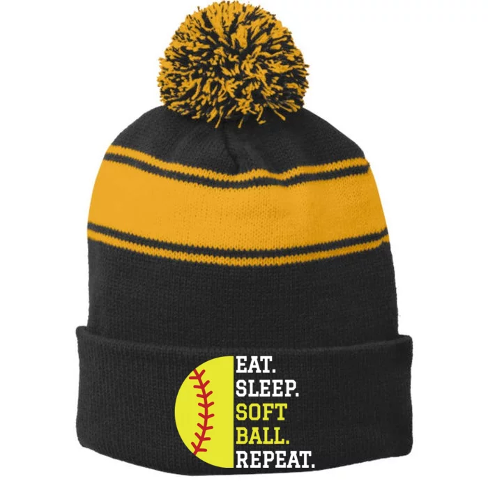 Softball Player Girl Teen Eat Sleep Softball Repeat Stripe Pom Pom Beanie