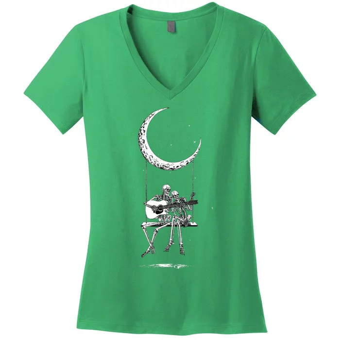 Skeleton Playing Guitar Band Women's V-Neck T-Shirt