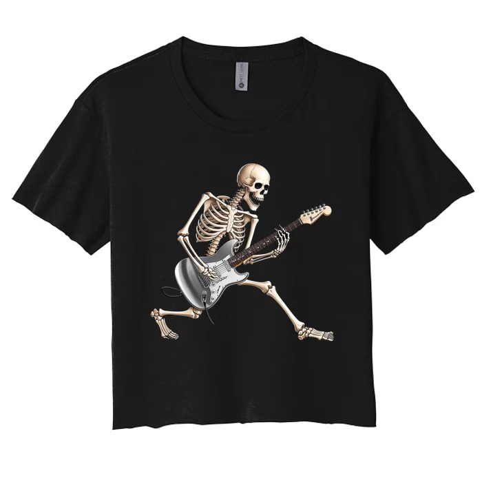 Skeleton Playing Guitar Rock And Roll Band Graphic Women's Crop Top Tee