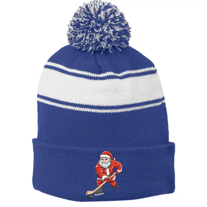 Santa Playing Hockey Christmas Gift For Hockey Players Gift Stripe Pom Pom Beanie