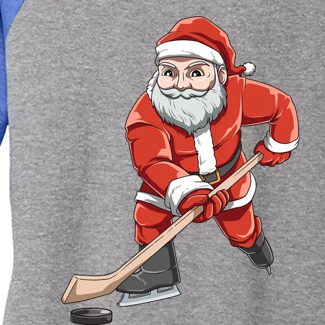 Santa Playing Hockey Christmas Gift For Hockey Players Gift Women's Tri-Blend 3/4-Sleeve Raglan Shirt