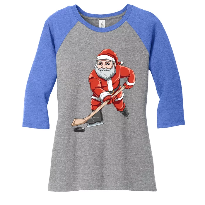 Santa Playing Hockey Christmas Gift For Hockey Players Gift Women's Tri-Blend 3/4-Sleeve Raglan Shirt