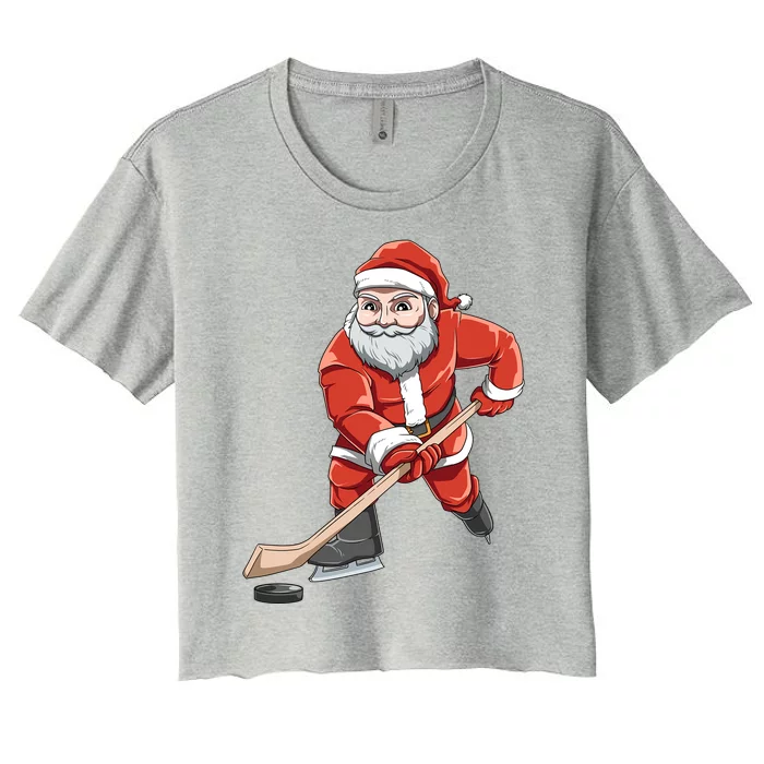 Santa Playing Hockey Christmas Gift For Hockey Players Gift Women's Crop Top Tee