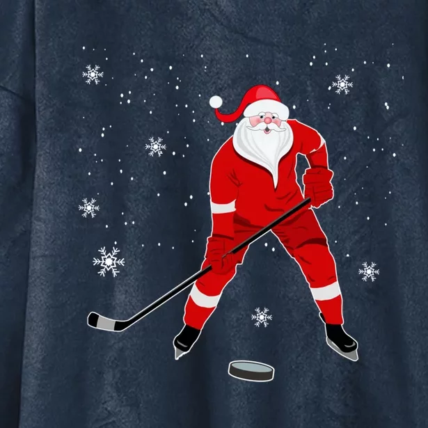 Santa Playing Hockey Christmas Gift For Hockey Players Gift Hooded Wearable Blanket