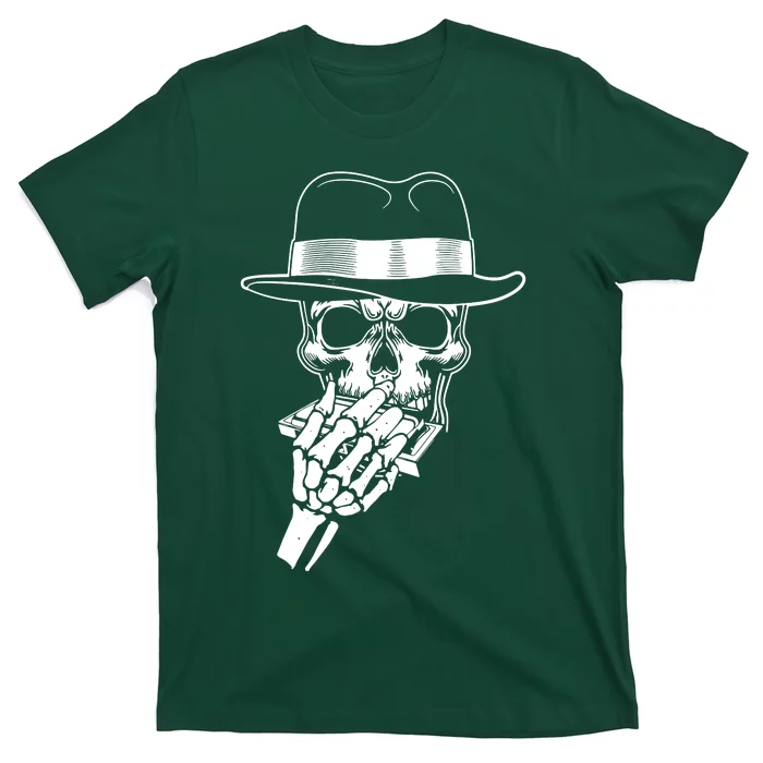 Skeleton Playing Harmonica Blues Musician Mouth Organ Player T-Shirt