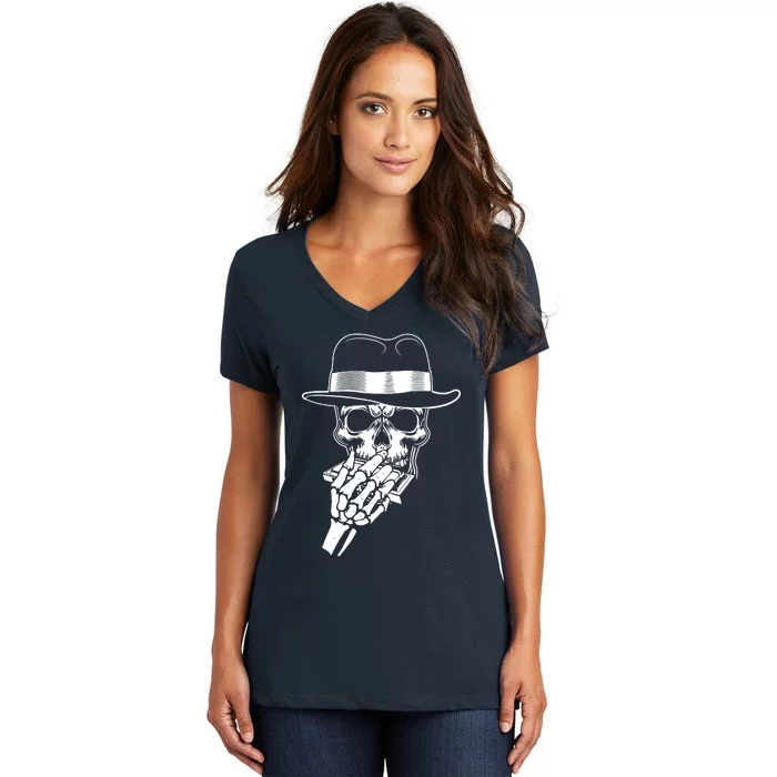 Skeleton Playing Harmonica Blues Musician Mouth Organ Player Women's V-Neck T-Shirt