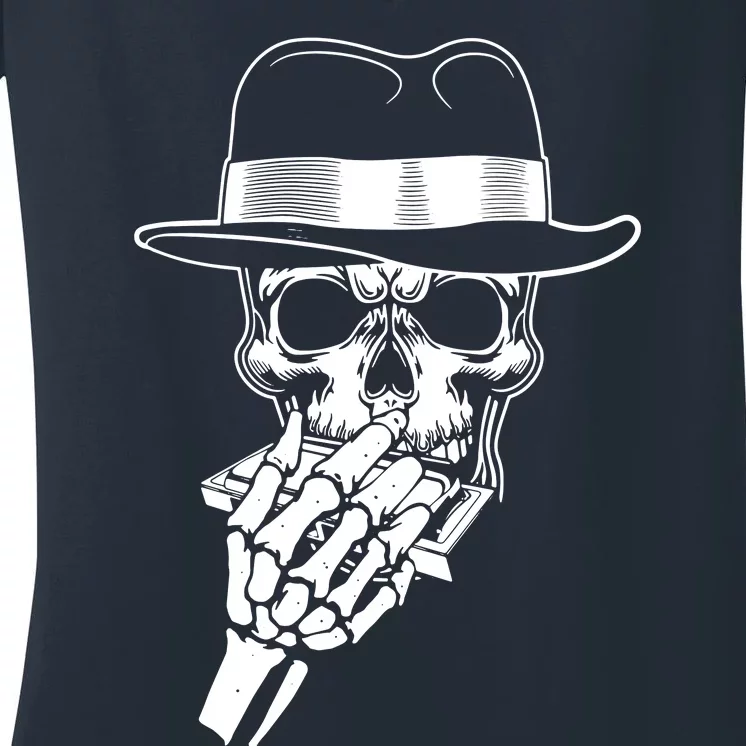 Skeleton Playing Harmonica Blues Musician Mouth Organ Player Women's V-Neck T-Shirt