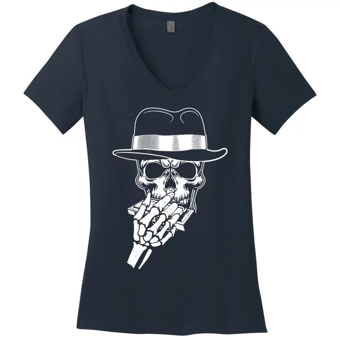 Skeleton Playing Harmonica Blues Musician Mouth Organ Player Women's V-Neck T-Shirt