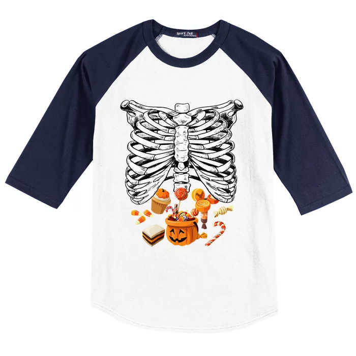 Skeleton Pregnancy Halloween Candy Rib Cage Baseball Sleeve Shirt