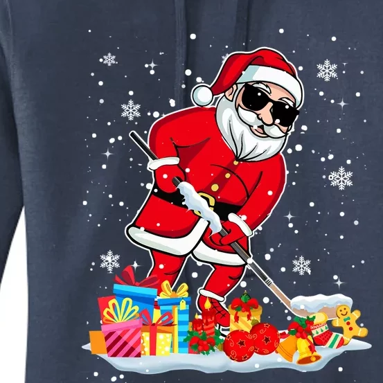 Santa Playing Hockey Cool Christmas Santa Hockey Player Gift Women's Pullover Hoodie